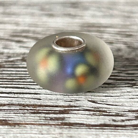 ELFBEADS Frosted Flowers Bead E925 NEW Purple Blue w Bright Yellow & Orange - Picture 2 of 8